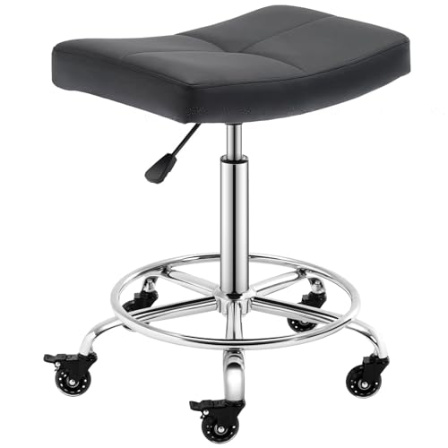 CoVibrant Adjustable Rolling Stool with Extra Wide Seat, Lockable Rubber Wheels & Footrest - Swivel Stool Chair for Kitchen, Lab, Office, Salon, Home (Black, 24''-31'')