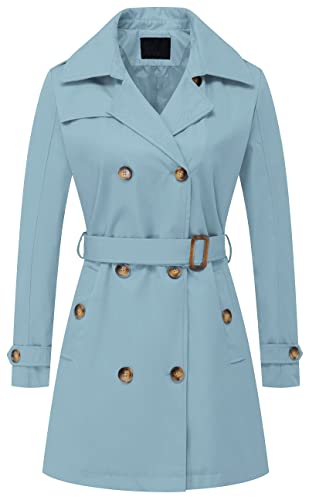 Chrisuno Dress Coats for Women Ladies Trench Coat Hood Belt Double Breasted Waterproof Spring Winter Blue L