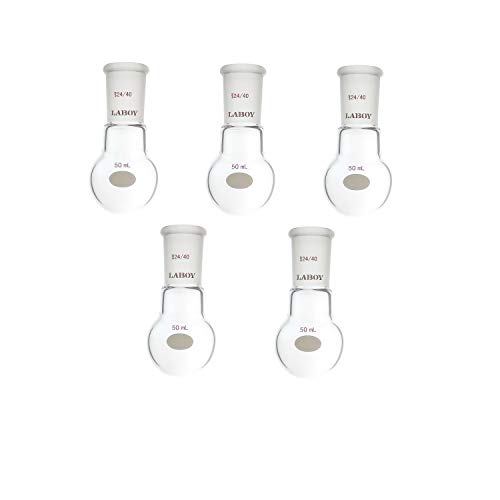 Laboy Glass 50mL Round Bottom Boiling Flask, Single Neck Heavy Wall Borosilicate with 24/40 Joint – Heating, Reaction & Receiving Flask for Organic Chemistry Lab Use(Pack of 12)