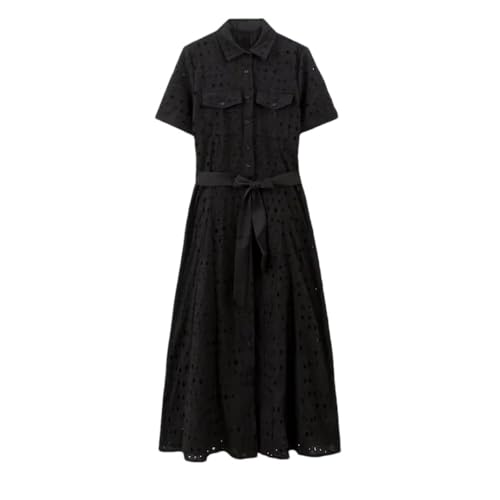 Women’S Hollow Embroidery Lapel Jumpsuit Single Breasted Short Sleeve Mid Calf Casual Dress with Pocket Black