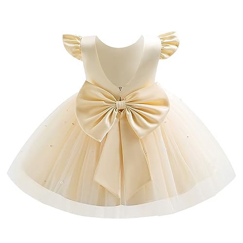 OBEEII Infant Baby Girls Wedding Flower Girl Dress Ruffle Satin Pearls Tutu Dress Bowknot V Back Pageant Party Birthday Formal Dress Baby Girl Christening Baptism Dresses Champagne 18-24 Months