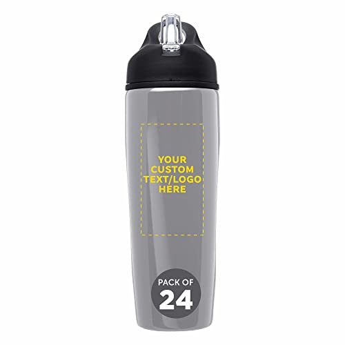 DISCOUNT PROMOS Custom Stainless Steel Water Bottle, 24 pack, Personalized Text, Logo, 28.5 oz Metal Sports Bottles with Flip Top, Easy Carrying, Silver