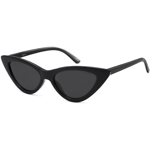 SOJOS Retro Vintage Narrow Cat Eye Sunglasses for Women Clout Goggles Plastic Frame SJ2044 with Black Frame/Grey Lens