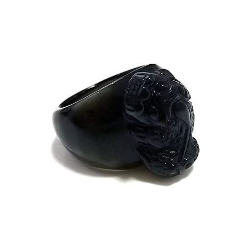 JUNTEN Feng Shui Black Obsidian PiXiu Ring for Men Protection Wealth Lucky Amulet Rings for Men, Size 12