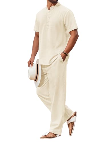 COOFANDY Men's 2 Pieces Cotton Linen Set Henley Shirt Short Sleeve and Casual Beach Pants Summer Yoga Outfits