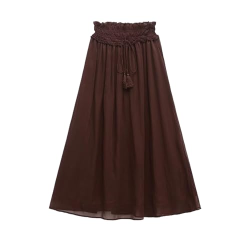 Women's Elastic Midi Skirt with Lace Up Decoration Chiffon Long Vacation Skirt for Office Lady