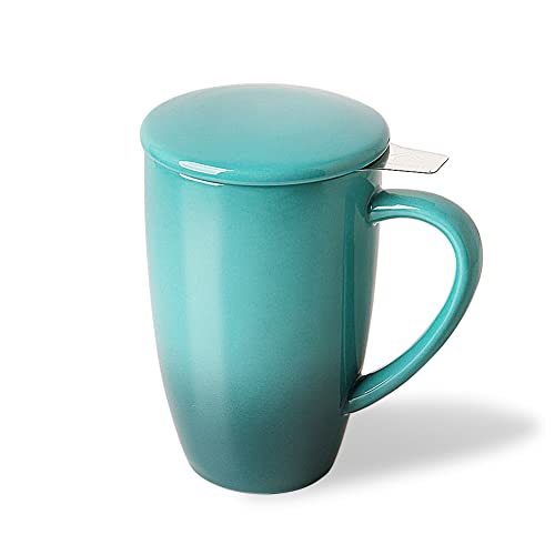 Sweejar Porcelain Tea Mug with Infuser and Lid,Teaware with Filter, Loose Leaf Tea Cup Steeper Maker, 16 Fl Oz for Tea/Coffee/Milk/Women/Office/Home/Gift (Gradient Blue)