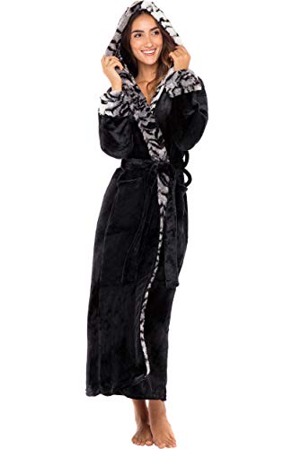 Alexander Del Rossa Women's Faux Fur Feather Hooded Robe, Soft Plush Fleece Bathrobe with Hood Black with White Tiger Small (A0296BWTSM)