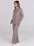 ANRABESS Womens 2 Piece Outfits Sweater Sets Loose Turtlenck Knit Pullover Top Wide Leg Pants 2024 Fall Lounge Sweatsuits Khaki Medium