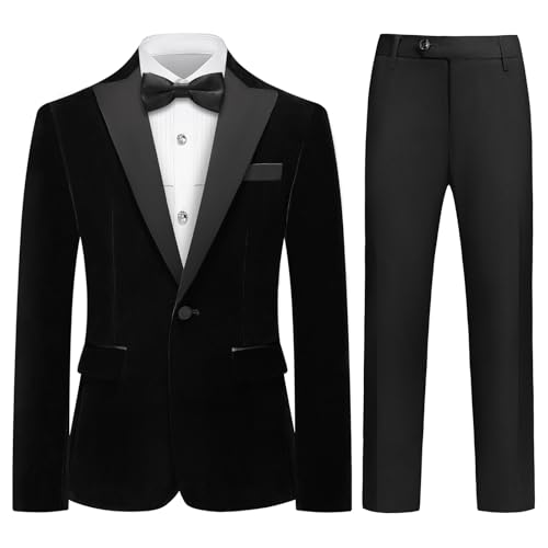 Lamgool Boys Velvet Suit Slim Fit 4 Piece Tuxedo Set Size 16 with Black Blazer Jacket Dress Shirt Pant Bow Tie Teens Wedding Formal Outfit