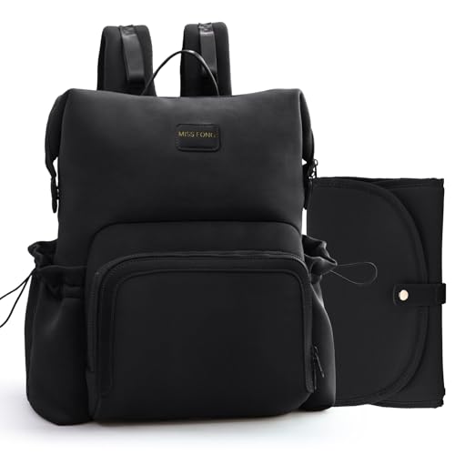 miss fong Diaper Bag Backpack - Baby Diaper Bag Neoprene Bag Large Capacity Neoprene Backpack with Diaper Changing Pad Travel Diaper Backpack Baby Backpack with 12 Pockets for Mom & Dad -Black