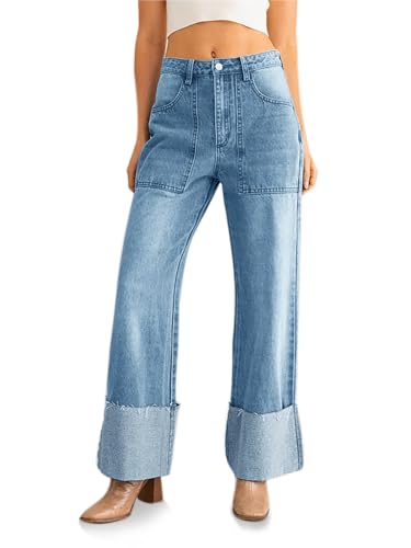 PLNOTME Womens Baggy Cuffed Jeans Casual Straight Leg Boyfriend Denim Pants with Pockets Light Blue