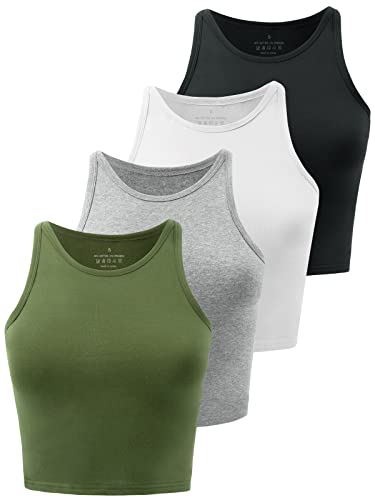 Kole Meego Crop Tops For Women Workout Cropped Tank Top Trendy High Neck Camisole Yoga Shirts Athletic Undershirts 4 Pack Black/White/Grey/Olive M