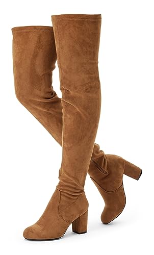 Vepose Women's Thigh High Over The Knee Boots, 3" Inch Block Chunky Heel Fashionable Boot for Lady, 992 - Suede Camel, Brown, Size 10 US (CJY992 Camel 10)