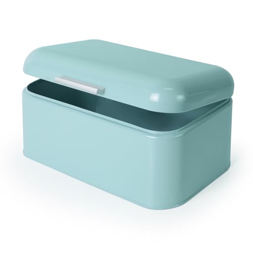 DreamsEden Metal Storage Box with Hinged Lid, Decorative Tin Box Jewelry Keepsake Bread Bin Container for Home Kitchen Counter (Blue)