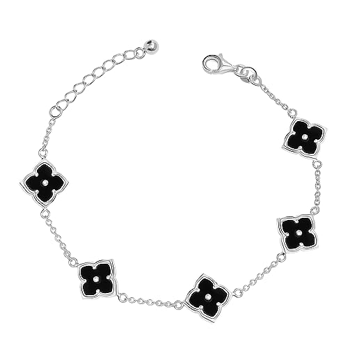 LeCalla 925 Sterling Silver Mother of Pearl Flower Bracelet Black Malachite Flower Adjustable Cable Chain Tennis Bracelet for Women with Lobster Claw Clasp 8 Inches