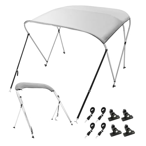 VEVOR 3 Bow Bimini Top Boat Cover, 900D Polyester Canopy with 1" Aluminum Alloy Frame, Waterproof and Sun Shade, Includes Storage Boot, 2 Support Poles, 4 Straps, 6'L x 46" H x 54"-60" W, Light Grey