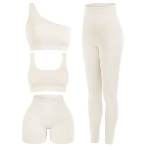 Floraltop 4 Pcs Women's Workout Sets Pilates Exercise Outfit Ribbed Scoop Neck Sports Bra Shorts Leggings Gym Clothes Set (White,Small)