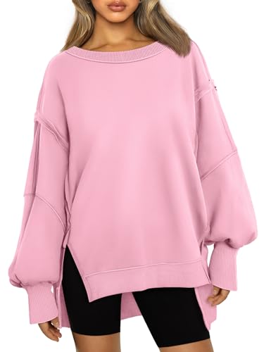 Trendy Queen Womens Oversized Sweatshirts Hoodies Crewneck Shirts Fall Outfits Teen Girls Y2k Winter Clothes Pink S