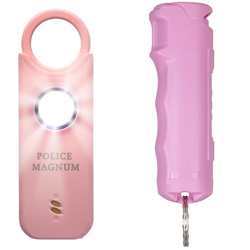 Police Magnum Personal Safety Alarm & Pepper Spray Combo Self Defense Pack for Women- Loud 135db Siren with Light & Max Strength Flip Top Pepper Spray Protection (Pink)