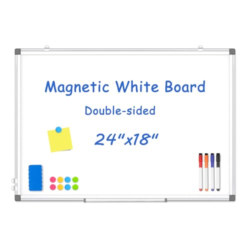 WALGLASS Double-Sided White Board, 24" x 18" Dry Erase Board Magnetic Whiteboard for Wall, Hanging Mounted Whiteboard Silver Aluminium Frame for Home, School, Office, Kitchen