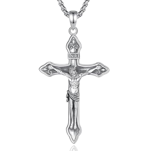 EUDORA S925 Sterling Silver Cross Necklace for Women Men, Vintage Crucifix Necklace Jesus Cross Pendant Religious Faith Jewelry Christian Cross Jewelry, Gifts for Women Mens, 22"+2"