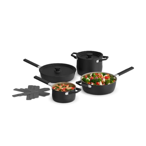 bella 9 Piece StoreMore Cookware Set, Fits-anywhere™ Kitchenware w EverGood™ Ceramic Nonstick Coating​, Dishwasher & Oven Safe, All Stovetops Compatible, Stackable Design, Cool Touch Handles, Black