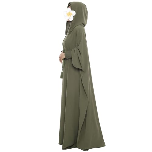 khalat Muslim Prayer Dress Abaya Solid One-Piece Hoodie Abaya Dress for Women Long Maxi Dress Islamic Dubai Jilbab Army Green