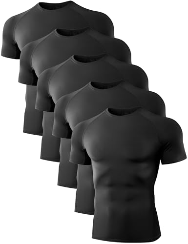 Dalavch 5 Pack Men’s Compression Shirts Short Sleeve Cool Dry Sports Athletic Workout Base Layer Undershirt T-Shirt Tops 5 Black Large