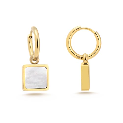 Milan Chiva 14K Gold White Mother of Pearl Square Dangle Hoop Earrings for Women, Plated Small Huggie Hoops Rectangle Hypoallergenic Dainty Dangling Earrings for Women Fashion Jewelry MCE-1019WT