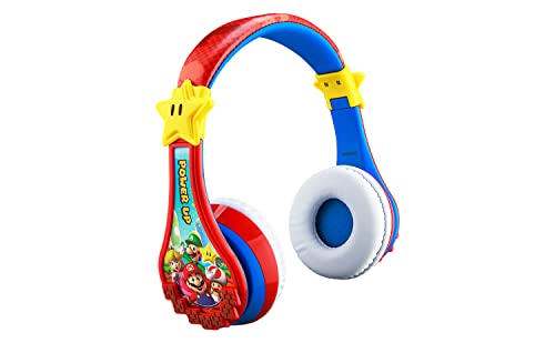 Super Mario Wireless Bluetooth Portable Kids Headphones with Microphone, Volume Reduced to Protect Hearing Rechargeable Battery, Adjustable Kids Headband for School Home or Travel