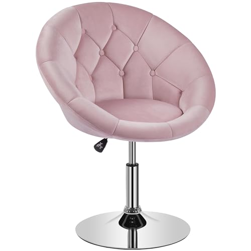 Yaheetech Living Room Vanity Chair Makeup Velvet Round Tufted Back Swivel Accent with Chrome Frame Height Adjustable for Room, Bedroom, Pink