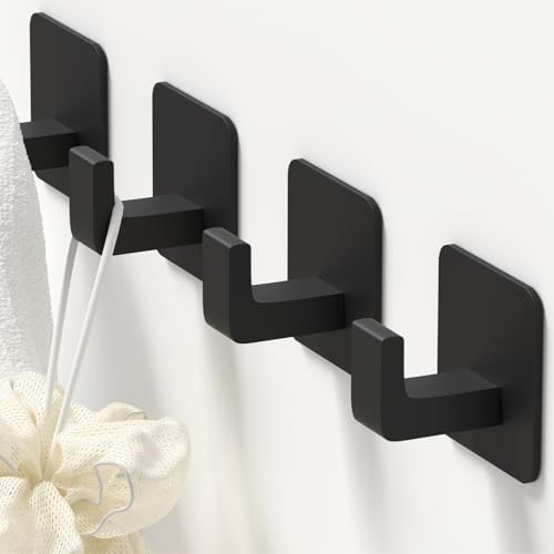 GWAAZXGZ Square Self Adhesive Towel Hooks - 4 Pack Matte Black Metal Hooks, Right-Angle Design for Towels, Robes & Hats, Organize Bathroom, Kitchen, Entryway, Doors, Cabinets on Smooth Surfaces