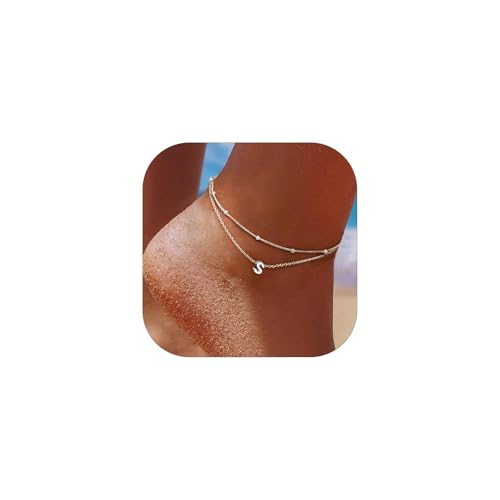 ChicSilver Silver Initial Anklets for Women, 925 Sterling Silver Ankle Bracelets for Women Waterproof, Adjustable Dainty Layered Anklet Beach Jewelry for Mom Wife Friend