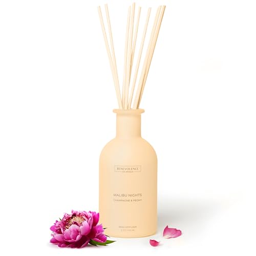 Benevolence LA Reed Diffuser - Champagne & Peony | Luxurious Home & Bathroom Decor | Long-Lasting Scent Diffusers for Home - Malibu Sands Collection