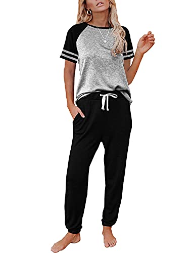 AUTOMET 2 Piece Lounge Sets For Women Summer Pajamas Two Piece Set Travel Outfits Lingerie Sleep Loungewear Matching Clothing Black Grey M