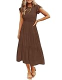 ZESICA Women's 2025 Summer Casual Flutter Short Sleeve Crew Neck Smocked Elastic Waist Tiered Midi Dress,Coffee,Medium