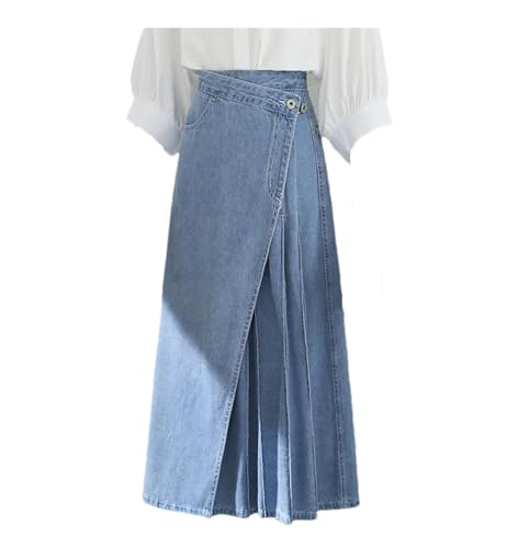 Women's High Waist Split Pleated Jeans Skirts Vintage Long Maxi Denim Skirts with Pockets Light Blue