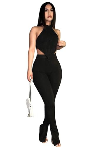 Casual Workout Sets Two Piece Outfits for Women Ribbed Crop Tank Top High Waist Leggings Active Wear L Black