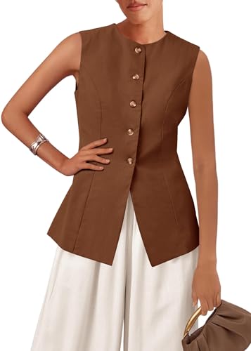 KIRUNDO Blazer Vest for Women Trendy 2025 Dressy Business Casual Summer Button Down Sleeveless Work Suit Waistcoat Tops(Brown, Medium)