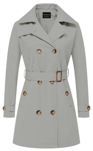 Chrisuno Women's Trench Rain Anoraks Waterproof Coat Women Coats Raincoat Dress Womens Double Breasted Long Windbreak Belted Slim Outerwear With Detachable Hood Light Gray 3XL