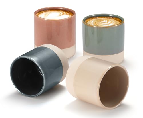 KooK Latte Mugs, Ceramic Artisanal Stoneware, No Handle, Japanese Tea Cups, For Coffee, Tea, Cocoa, Microwave and Dishwasher Safe, Multicolor, 10.5 oz, Set of 4