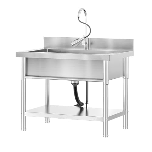 Stainless Steel Utility Sink Single Bowl Freestanding Laundry Sink with Pull-Out Faucet,for Laundry Room Farmhouse Indoor and Outdoor Sink Pet Cleaning
