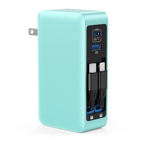 120W USB C Charger Block with 2 Built-in Retractable Cables,4-in-1 GaN IV Foldable Plug Wall Charger Fast Charging Station,PD 65W Laptop Adapter for MacBook/iPad,iPhone 16/15,Galaxy S24,Android-Green