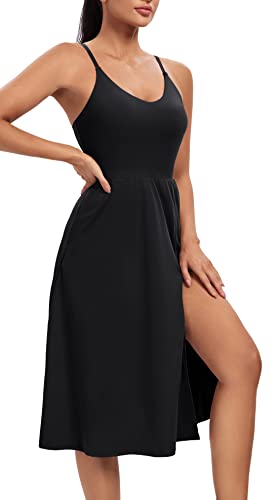 Athletic Dress with Built in Shorts & Bra Adjustable Straps Workout Dress for Tennis Golf Midi Dresses for Women Black