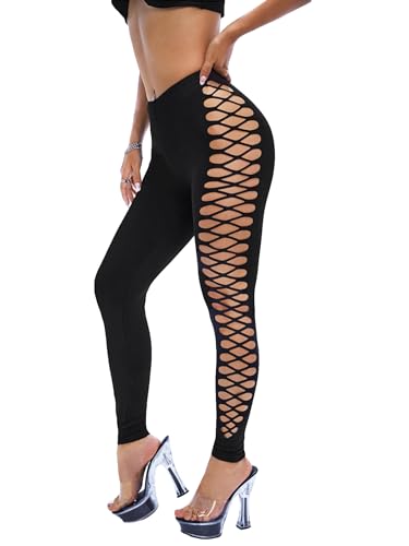 MakeMeChic Women's Cut Out Sexy Leggings Criss Cross Skinny Pants Party Clubwear Black L