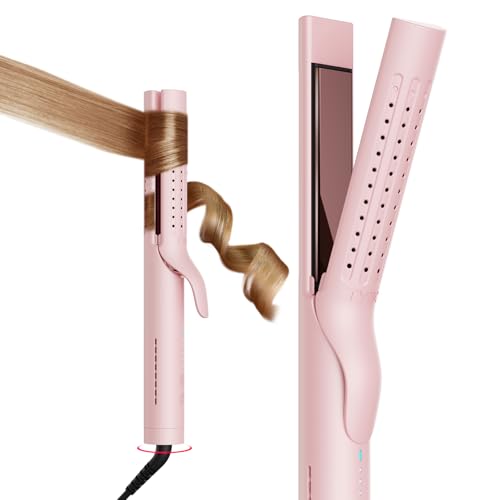 TYMO Airflow Curling Iron for Lasting Curls - Flat Iron Hair Straightener and Curler 2 in 1, Anti-Scald Ionic Curling Wand 1.25 Inch, 360° Cool Air, 5 Temps & Dual Voltage for Long Short Hair, Pink