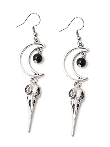 Sacina Gothic Crescent Moon Skull Earrings, Zinc Alloy Moon Bird Skull Pendant Earrings, Goth Jewelry Gift for Women