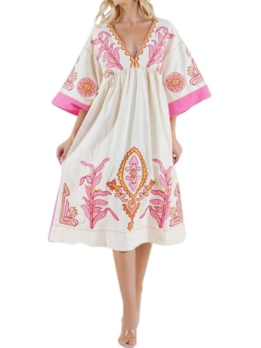 Joiemont Womens Oversized Floral Embroidered Long Dress with V-Neck and 3/4 Sleeves Vintage Embroidery Babydoll Dress(0652-HotPink-L)