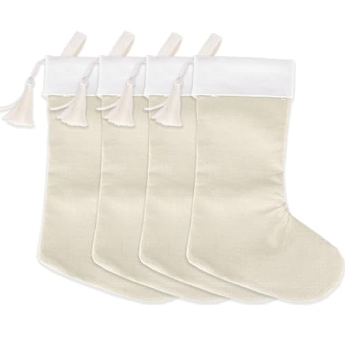 Andaz Press 17" Linen Large Christmas Stockings With Tassel, Blank Ivory Stocking For Diy Craft Projects Christmas Decorating Party, Modern Scandi Farmhouse Christmas Stockings Family Stockings 4-Pack